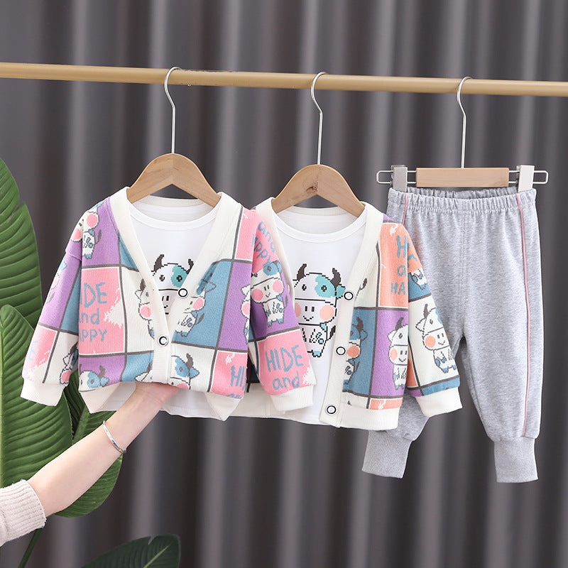 Trend Plaid Print Knitted Cardigan + Cartoon Cow T-Shirt + Pants