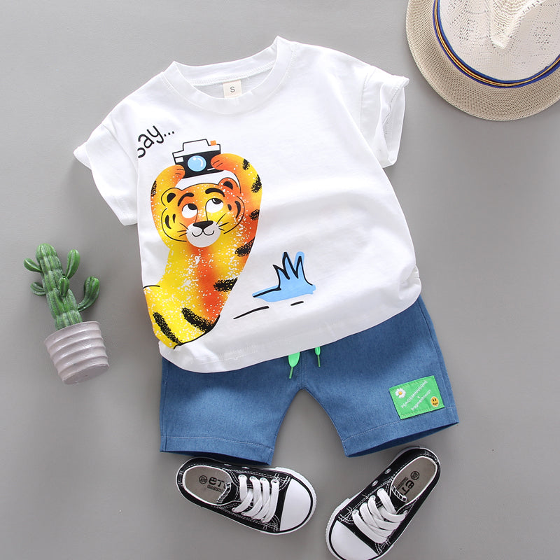 Naughty Cartoon Tiger Dog T-Shirt + Denim Shorts