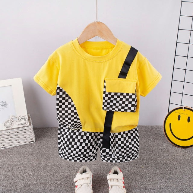 Cool Casual Plaid Outfits Cotton Splicing T-Shirt + Shorts