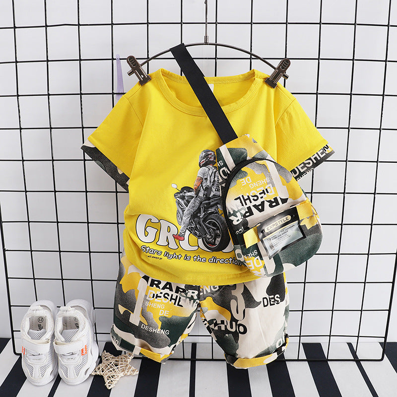 Ohyiyi - Handsome Motorcyclist Camouflage Short Sleeve T-Shirt With Bag + Camouflage Shorts