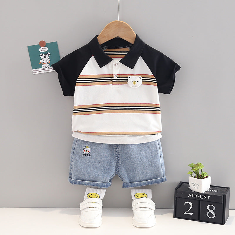 Summer Striped Polo T-Shirt + Denim Shorts