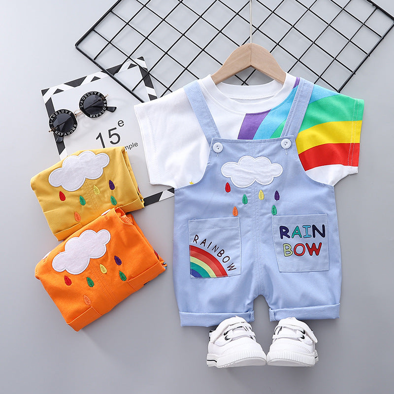 Cute Suspender Rainbow Printing T-shirt+Shorts