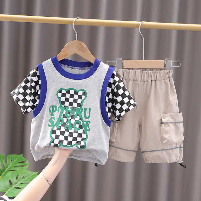 Trend Patchwork Plaid Bear Print T-Shirt + Cargo Shorts