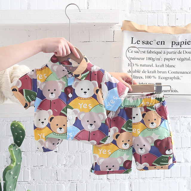 Ohyiyi - Summer Casual Cartoon Bear Full Print T-Shirt + Shorts