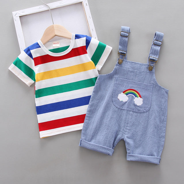 Ohyiyi - Summer Rainbow Stripe Tops T-Shirt + Bib Pants