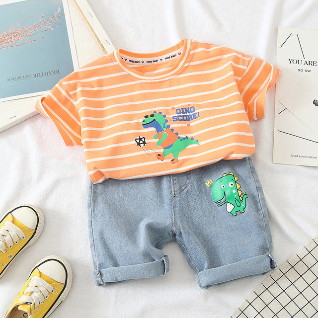 Cute Striped Cartoon Dinosaur T-Shirt + Denim Shorts