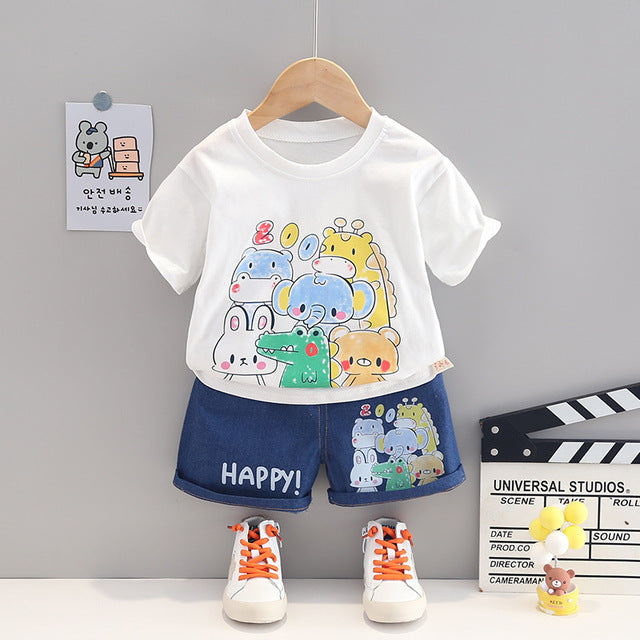 Summer Cartoon Zoo T-Shirt + Denim Shorts
