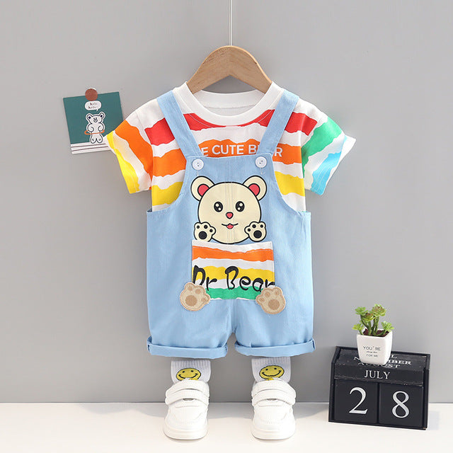 Cute Rainbow Striped T-Shirt + Cartoon Bear Overalls