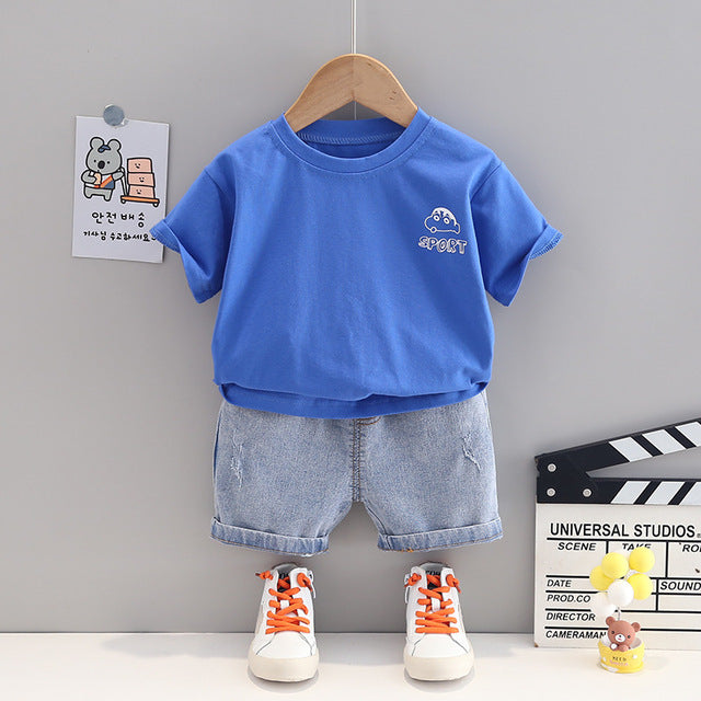 Cute Crayon Shinchan Print T-Shirt + Denim Shorts