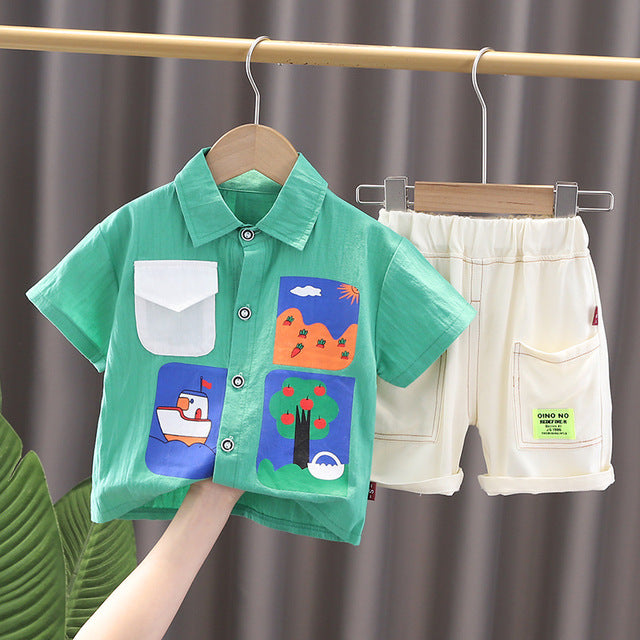 Summer Cartoon Print T-Shirt + Tooling Shorts