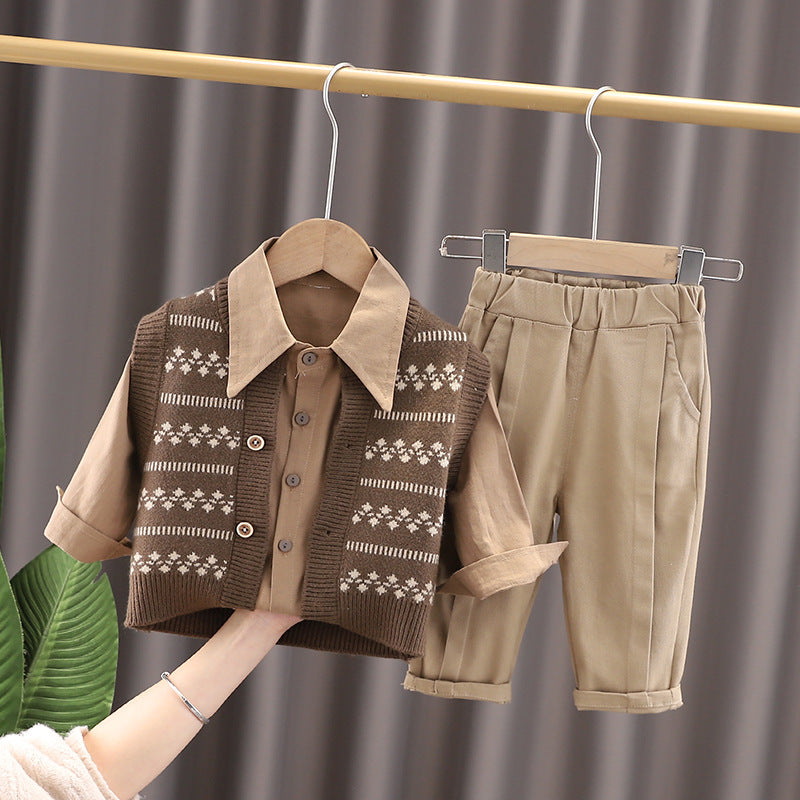 British Style Knitted Cardigan + Shirt + Pants