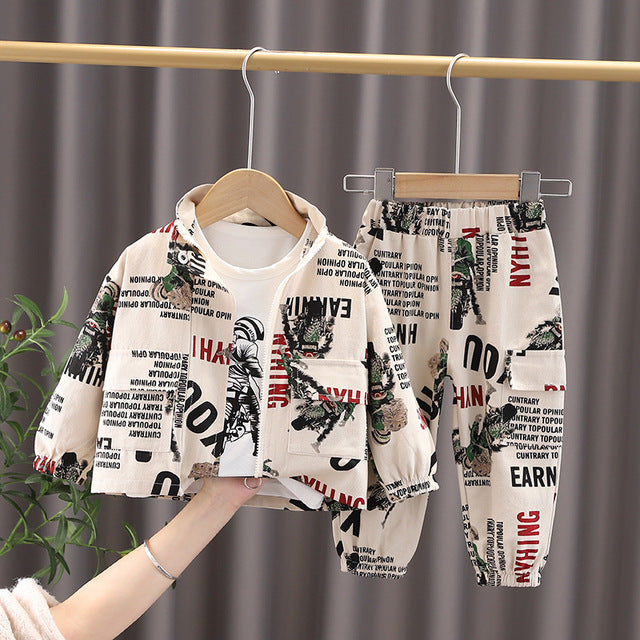 Ohyiyi - Trend Letter Full Print Zip Coat + Graphic Print T-Shirt + Pants