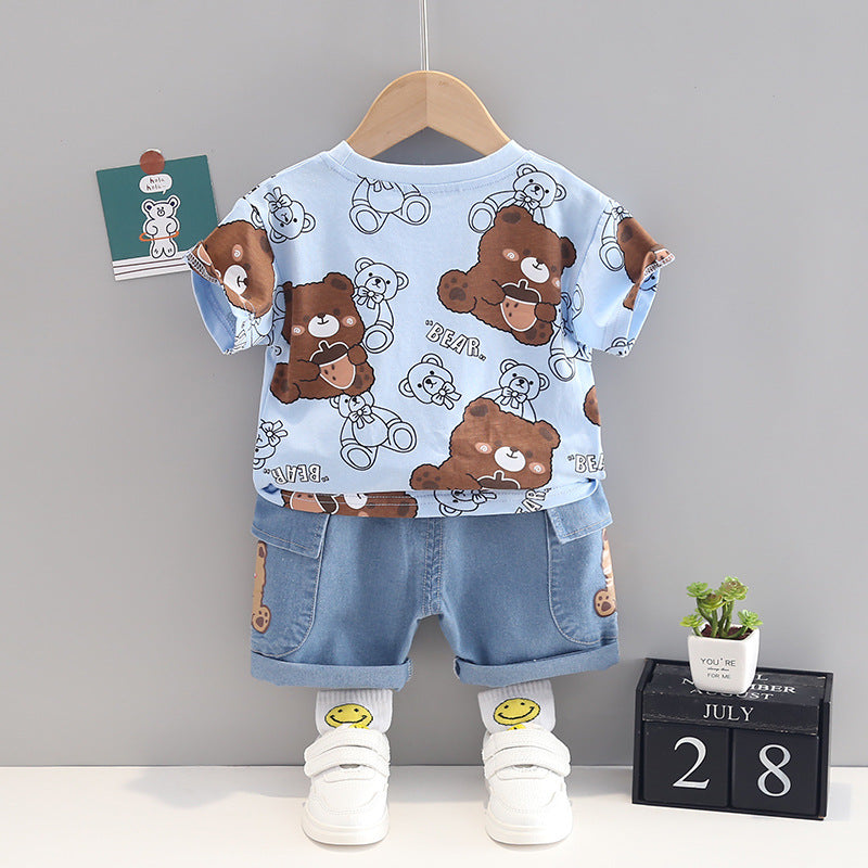 Summer Cartoon Bear T-Shirt + Denim Shorts