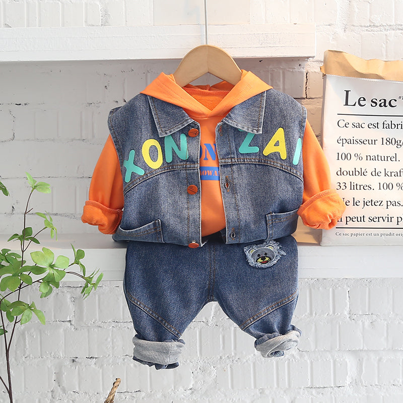 Ohyiyi - Cool Letter Print Denim Vest Hoodie + Shirt + Jeans