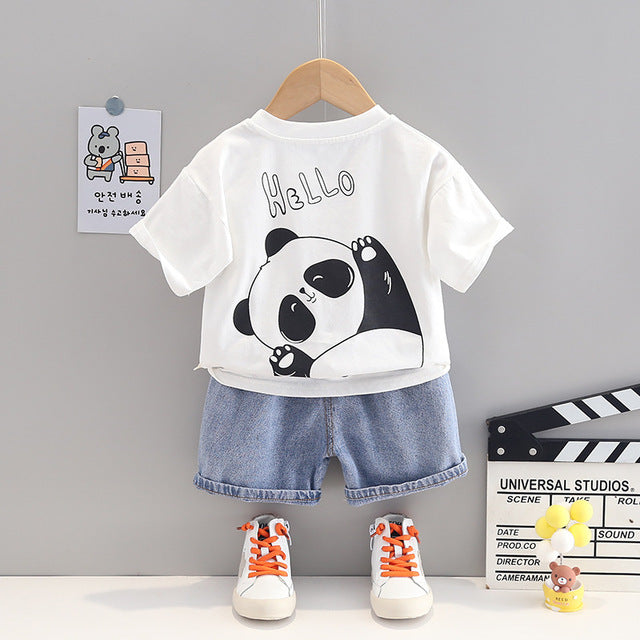 Cute Cartoon Panda T-Shirt + Denim Shorts