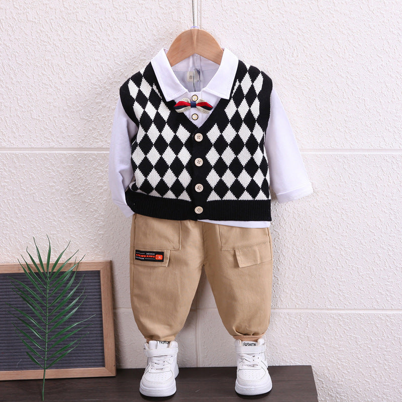 Ohyiyi - British Style Plaid Knitted Vest + Bow Shirt + Pants