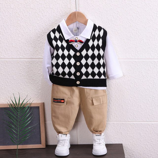 British Style Plaid Knitted Vest + Bow Shirt + Pants