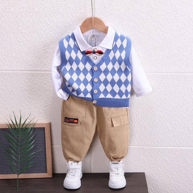 British Style Plaid Knitted Vest + Bow Shirt + Pants