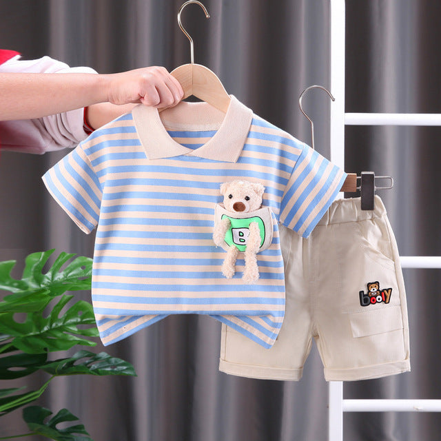 Cute Striped T-Shirt with Doll + Shorts Casual