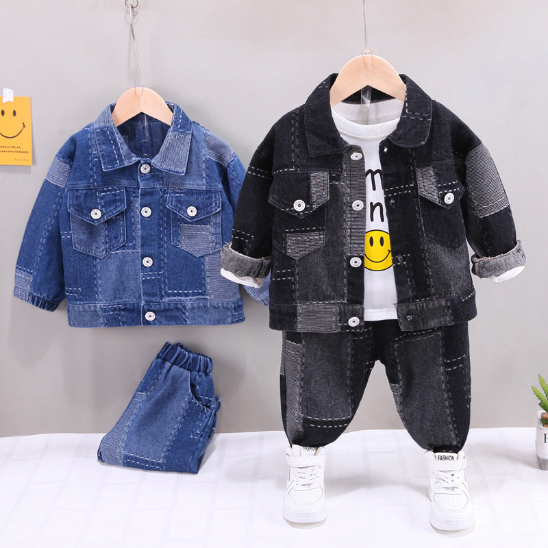 Ohyiyi - Fashion Style Patchwork Denim Jacket + Emoji T-Shirt + Patchwork Jeans