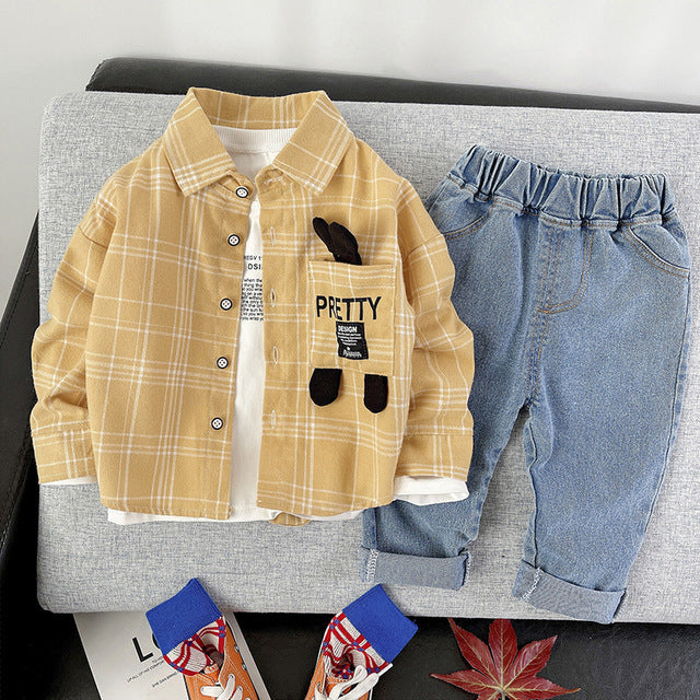 Handsome Plaid Doll Shirt + Letter T-Shirt + Jeans