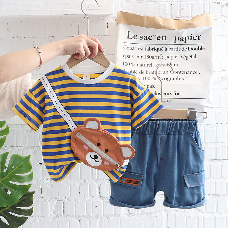 Cute Striped Top with Bear Bag + Denim Shorts