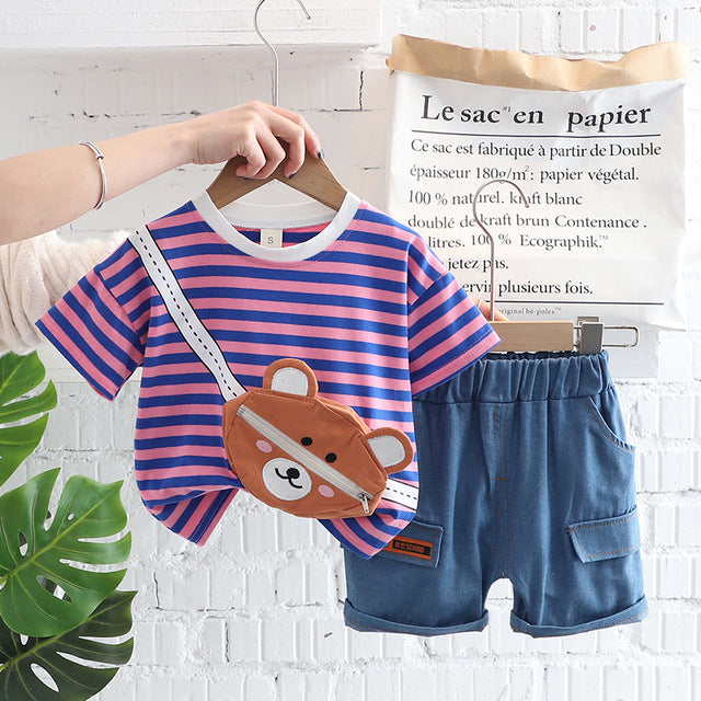 Cute Striped Top with Bear Bag + Denim Shorts