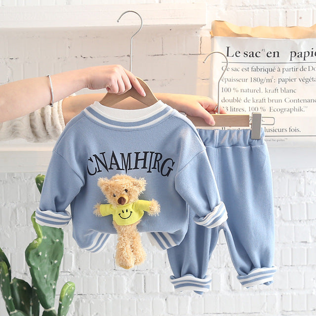 Clever Letter Coat with Doll + Cartoon Bear T-Shirt + Pants