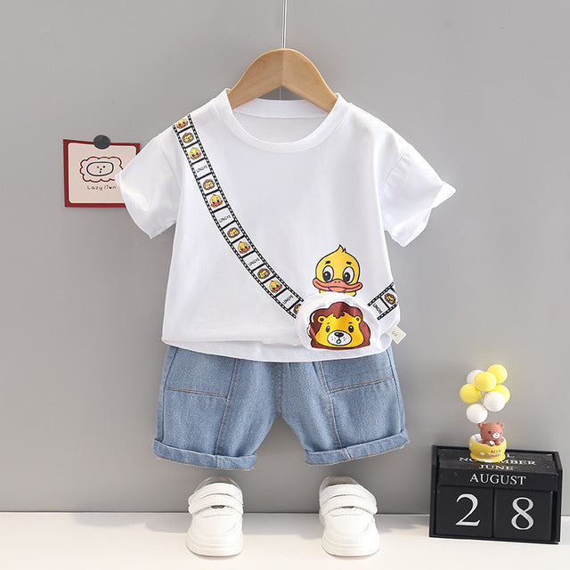 Cute Cartoon Lion Duck T-Shirt + Denim Shorts