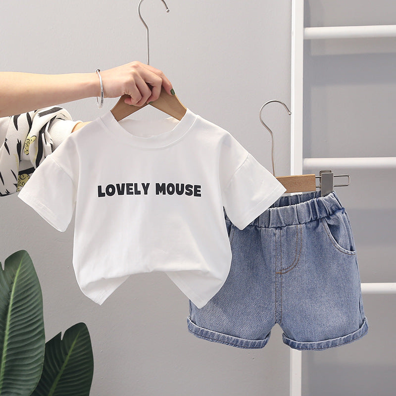 Cute Winged Letter Print T-Shirt + Denim Shorts