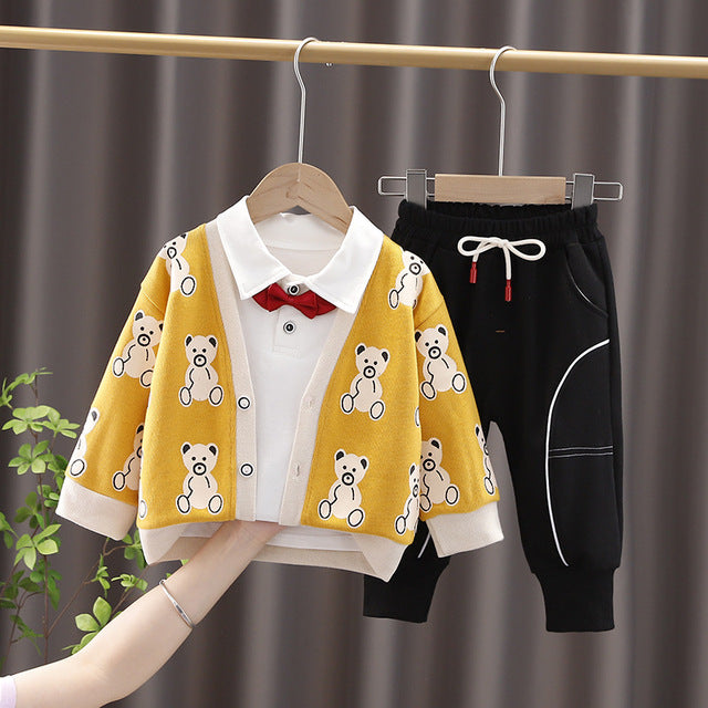 British Style Cartoon Bear Knitted Cardigan + Bow T-Shirt + Casual Pants