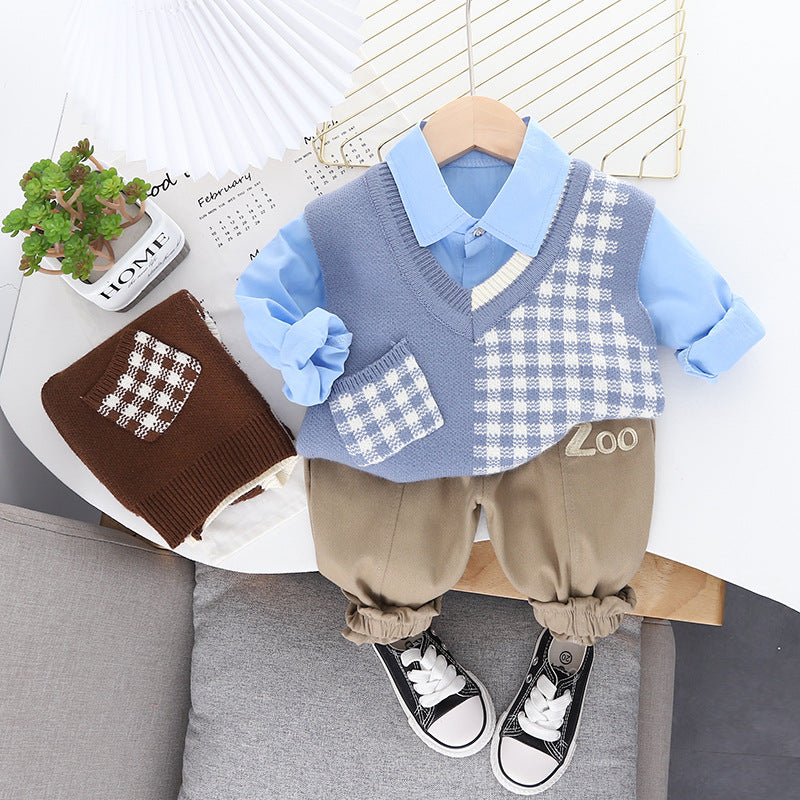Ohyiyi - British Style Plaid Knitting Vest + Solid Shirt + Pants