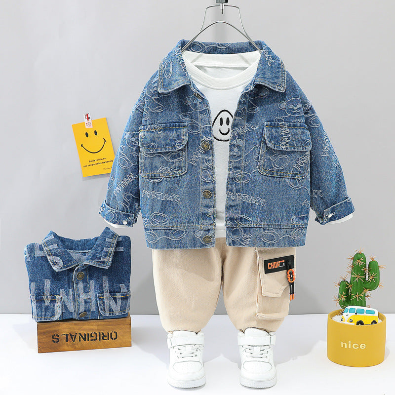 Cool Denim Jacket + Emoji Smiley T-Shirt + Overalls