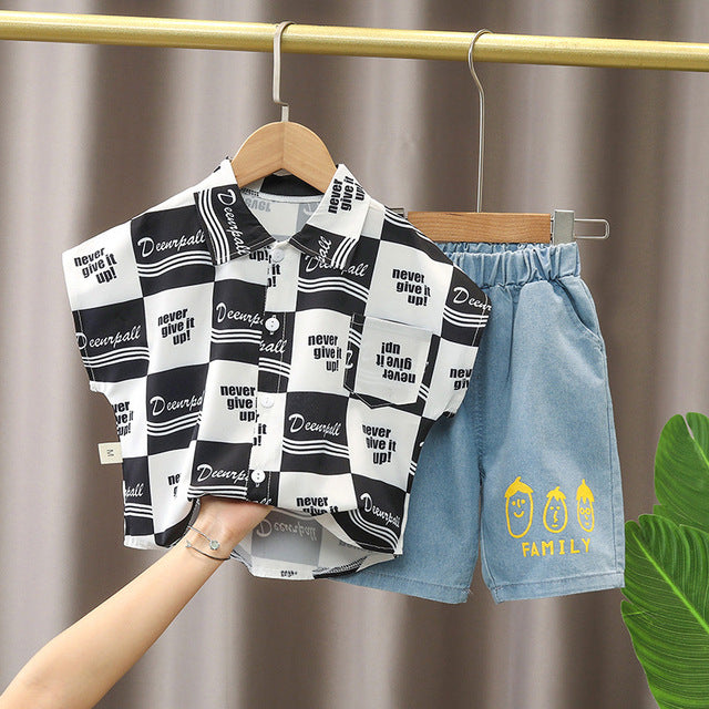 Summer Letter Plaid Print Shirt + Denim Shorts