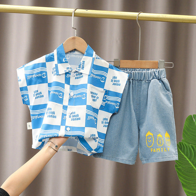 Summer Letter Plaid Print Shirt + Denim Shorts