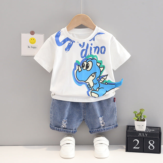 Curious Baby Cartoon Dinosaur T-Shirt + Denim Shorts
