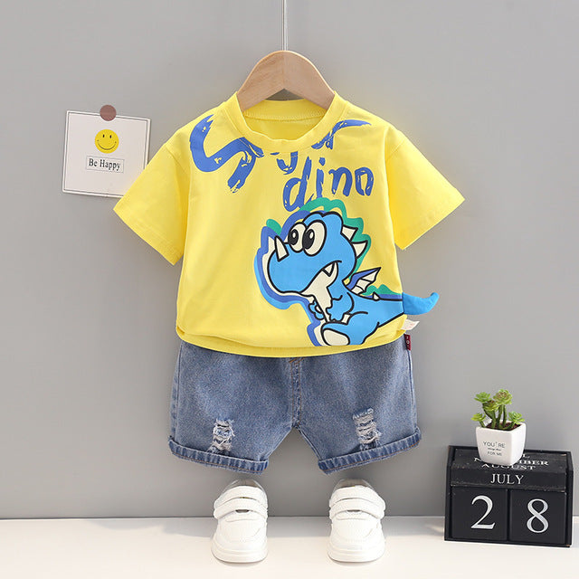 Curious Baby Cartoon Dinosaur T-Shirt + Denim Shorts