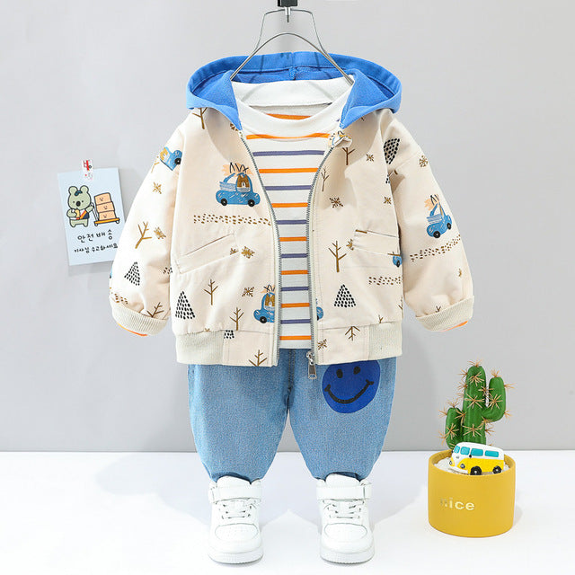 Handsome Cartoon Car Hooded Jacket + Striped T-Shirt + Jeans