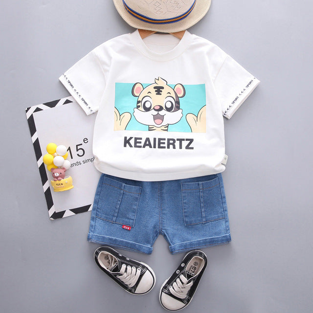 Cute Cartoon Tiger T-Shirt + Denim Shorts