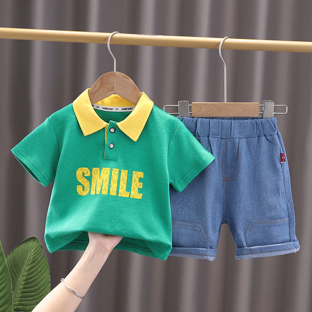 Simple Style Letter Polo T-Shir + Denim Shorts