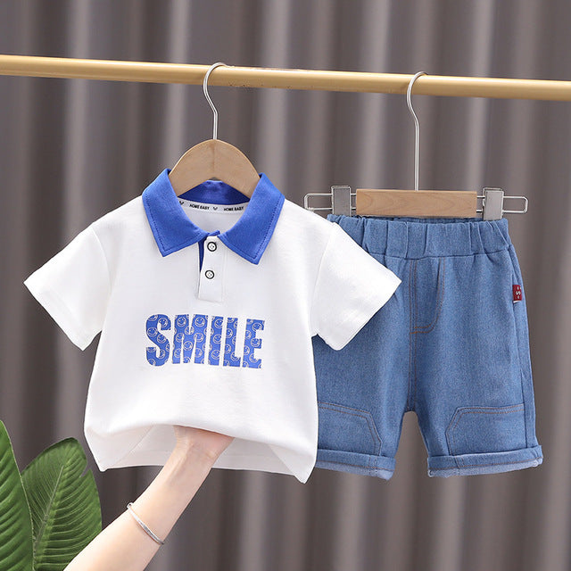 Simple Style Letter Polo T-Shir + Denim Shorts
