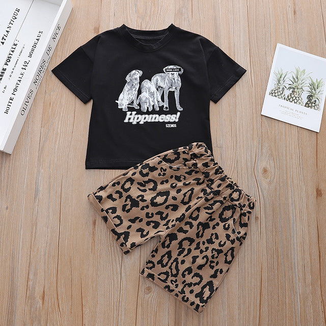 Clever Dog Printing T-Shirt + Leopard Print Shorts
