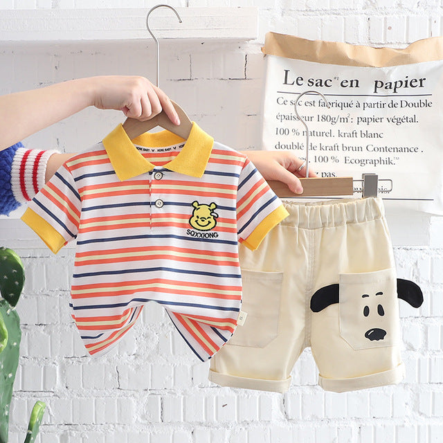 Cute Striped T-Shirt + Cartoon Dog Shorts