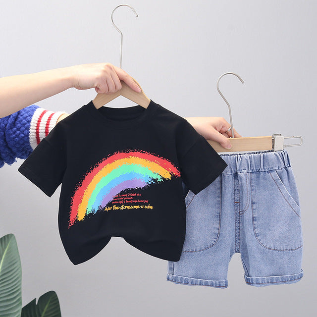 Cool Rainbow Print Tops + Denim Shorts