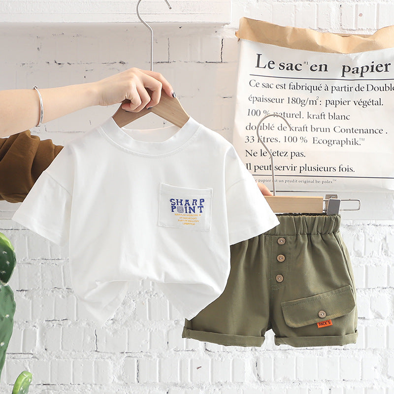 Simple Style Letter Print Pocket T-Shirt + Cargo Shorts