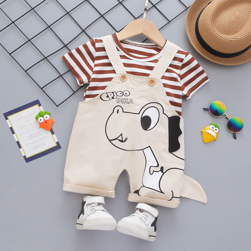 Curious Baby Striped T-Shirt + Cartoon Dinosaur Workwear