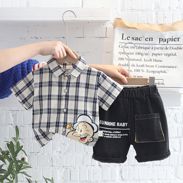 Summer Popeye Cartoon Plaid Shirt + Denim Shorts