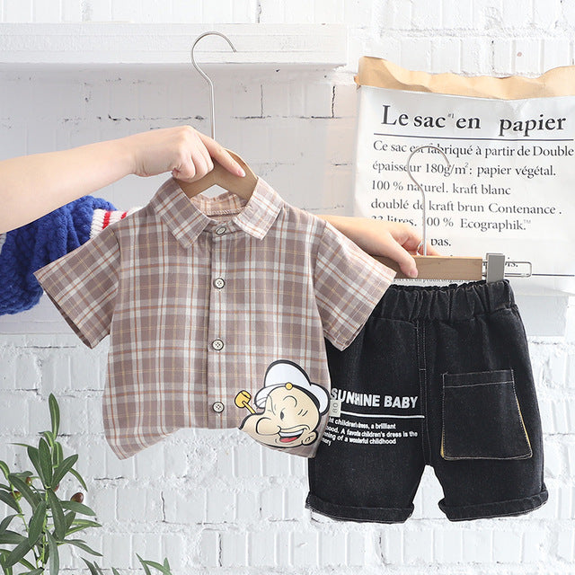 Summer Popeye Cartoon Plaid Shirt + Denim Shorts
