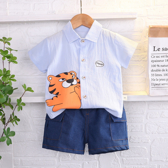 Curious Baby Cartoon Tiger Short Sleeve Shirt + Denim Shorts