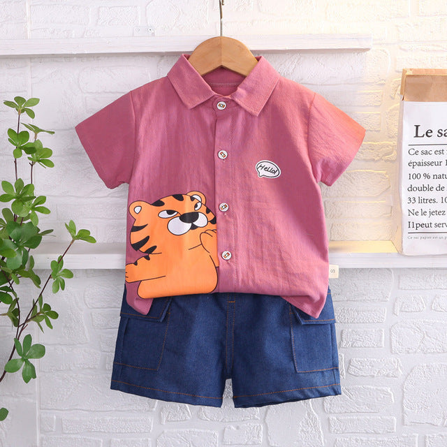 Curious Baby Cartoon Tiger Short Sleeve Shirt + Denim Shorts